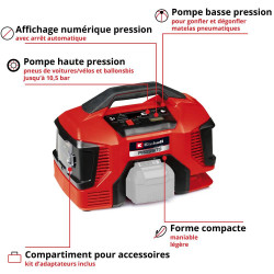 Compresseur sans fil – PRESSITO 18/21 – 18 V – 10,5 bar – 21 L/min – gonflage / dégonflage – sans batterie ni chargeur - EINHELL
