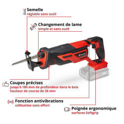 Scie universelle sans fil - TE-AP 18/26 Li-Solo - 18 V - Course 26 mm - 0-2 600 cps/min - Coupe bois 180 mm / acier 12 mm - EINHELL