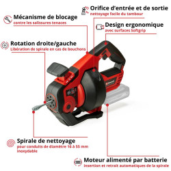 Nettoyeur de tuyaux sans fil – TE-DA 18/760 Li-Solo – 18 V – spirale 7,6 m – Ø tuyaux 16 à 55 mm – sans batterie ni chargeur - EINHELL 