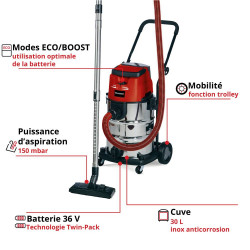 Aspirateur eau et poussières sans fil – TE-VC 36/30 Li S-Solo – 36 V – Cuve inox 30 L – Fonction soufflerie – Sans batterie ni c - EINHELL 