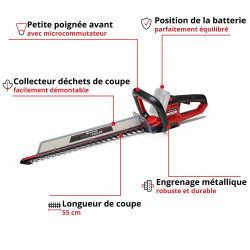 Taille-haies sans fil – ARCURRA – 18 V – Longueur de coupe 550 mm – Lames laser/diamant – Collecteur de taillures – Sans batteri - EINHELL 