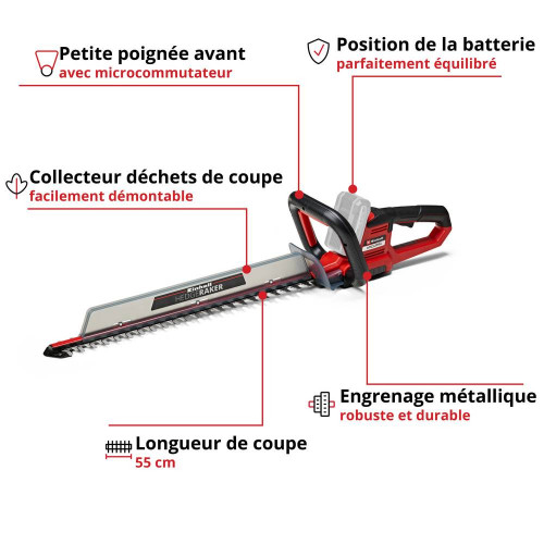 Taille-haies sans fil – ARCURRA – 18 V – Longueur de coupe 550 mm – Lames laser/diamant – Collecteur de taillures – Sans batteri - EINHELL 