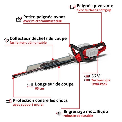 Taille-haies sans fil – GE-CH 36/65 Li-Solo – 36 V (2×18 V) – Longueur de coupe 650 mm – Lames laser/diamant – Poignée pivotante - EINHELL 