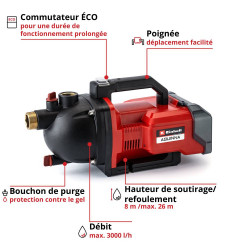 Pompe d’arrosage sans fil AQUINNA – 36 V – 3000 l/h – 26 m – sans batterie ni chargeur - EINHELL 