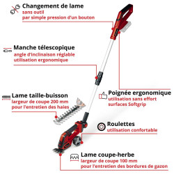 Cisaille à gazon / taille-buissons sans fil – GE-CG 18/100 Li T-Solo – 18 V Power X-Change – lame gazon 100 mm – lame buisson 20 - EINHELL 