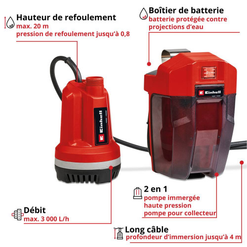 Pompe multifonction sans fil GE-PP 18 RB Li - Capacité de livraison 3000 L/h - sans batterie - EINHELL 