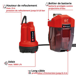 Pompe d’évacuation eaux claires sans fil GE-SP 18 Li - Capacité 5000 L/h - Profondeur d'immersion 4 m - sans batterie - EINHELL 