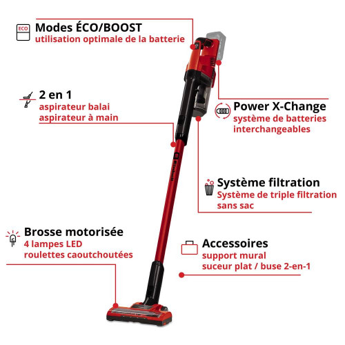 Aspirateur balai sans fil – TE-SV 18 Li-Solo – 18 V – 0,6 L – 2 vitesses (ECO / BOOST) – brosse motorisée LED – sans batterie ni - EINHELL 