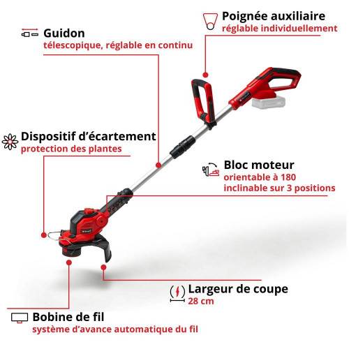 Coupe-bordures sans fil – GE-CT 18/28 Li-Solo – 18 V – Coupe 28 cm – Fil 1,6 mm – Manche télescopique – Power X-Change - EINHELL 