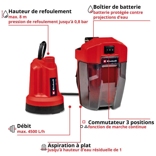 Pompe d'évacuation eaux claires sans fil GE-SP 18 LL Li - Solo - sans batterie ni chargeur - EINHELL 