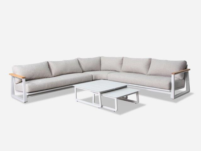 Set angle Leather II en aluminium accoudoirs en teck avec coussins - crème