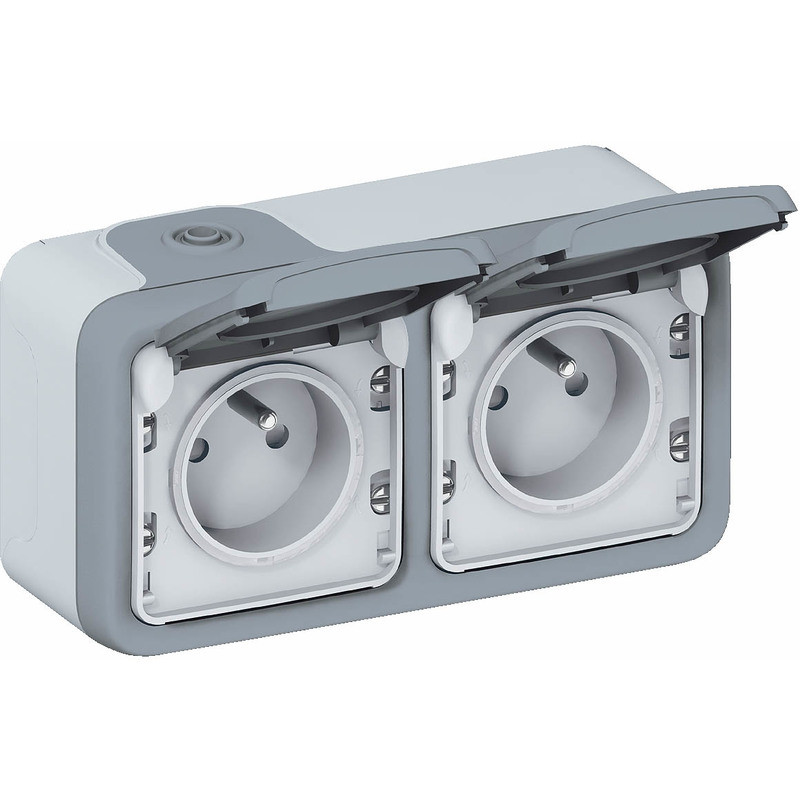 Plexo 2 prises 2 pôles + terre gris saillie horizontal