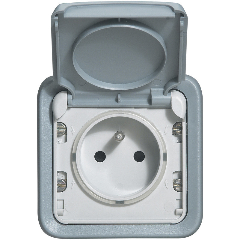 Plexo prise 2 pôles + terre grise saillie