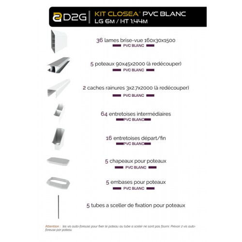 Kit cloture - Lame 16cm   - PVC Blanc - LG: 6m x H: 1m44 - Closea