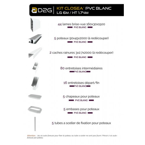 Kit cloture - Lame 16cm   - PVC Blanc - LG: 6m x H: 1m74 - Closea