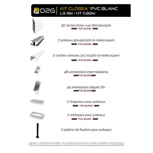 Kit cloture - Lame 16cm   - PVC Blanc - LG: 9m x H: 0m82 - Closea