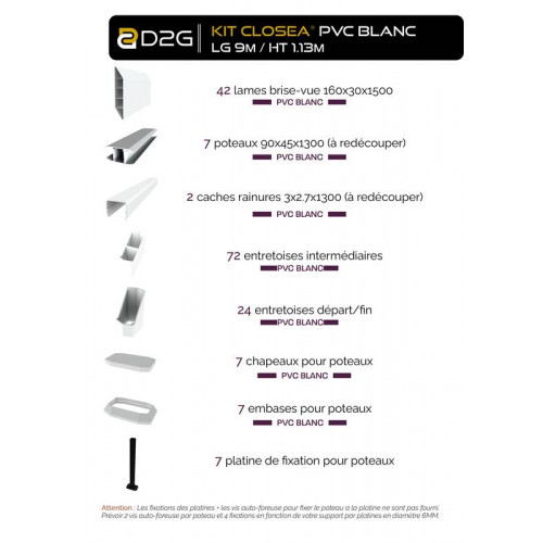 Kit cloture - Lame 16cm   - PVC Blanc - LG: 9m x H: 1m13 - Closea