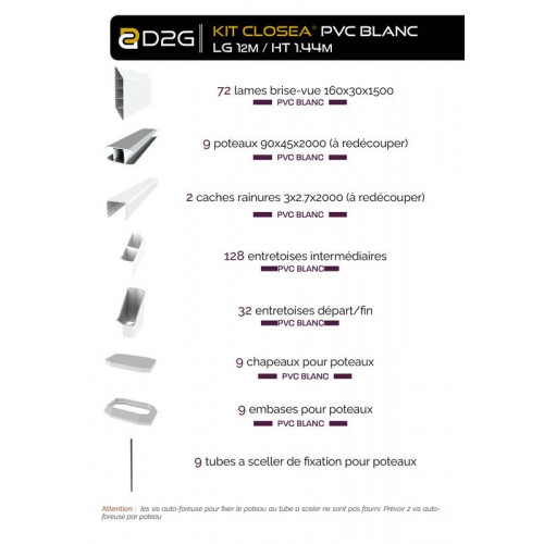 Kit cloture - Lame 16cm   - PVC Blanc - LG: 12m x H: 1m44 - Closea