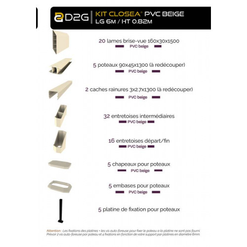 Kit cloture - Lame 16cm   - PVC Beige - LG: 6m x H: 0m82 - Closea