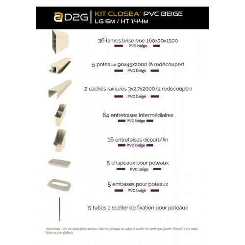 Kit cloture - Lame 16cm   - PVC Beige - LG: 6m x H: 1m44 - Closea