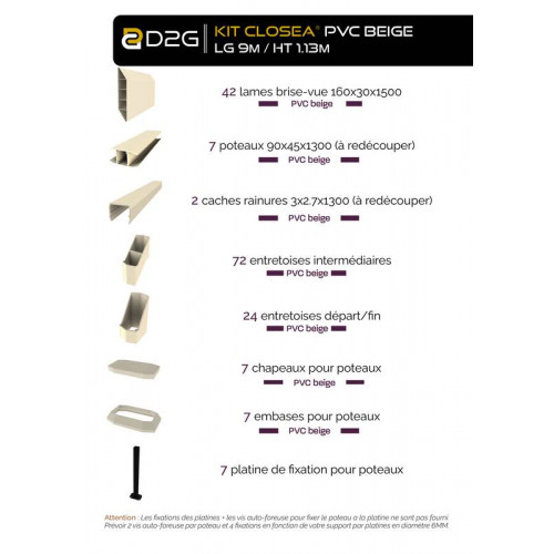 Kit cloture - Lame 16cm   - PVC Beige - LG: 9m x H: 1m13 - Closea