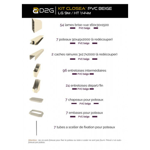 Kit cloture - Lame 16cm   - PVC Beige - LG: 9m x H: 1m44 - Closea
