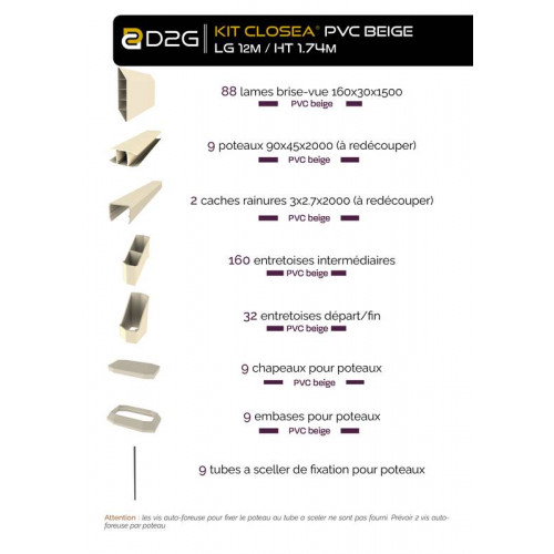 Kit cloture - Lame 16cm   - PVC Beige - LG: 12m x H: 1m74 - Closea