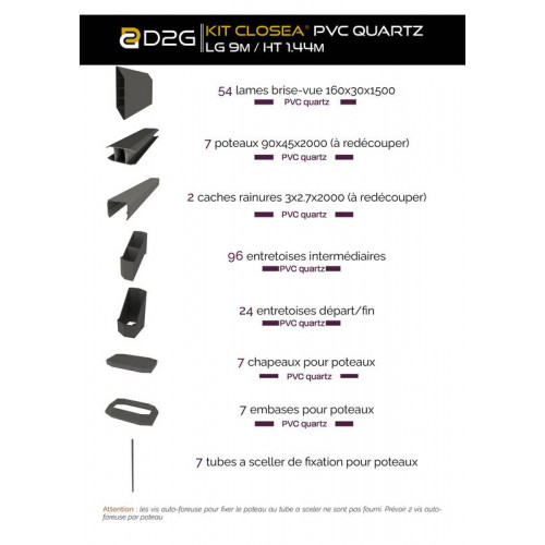 Kit cloture - Lame 16cm   - PVC Quartz - LG: 9m x H: 1m44 - Closea
