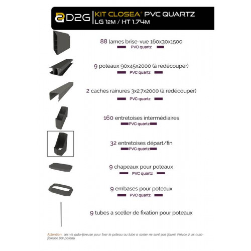 Kit cloture - Lame 16cm - PVC Quartz - LG: 12m x H: 1m74 - Closea