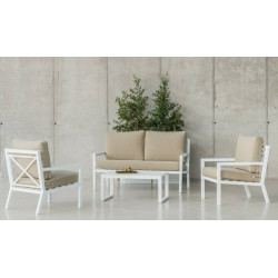 Salon de jardin Sofa DOUNVIL-7 SET SOFA 2 PLAZAS D  Blanc Tissus Beige Dralon - HEVEA