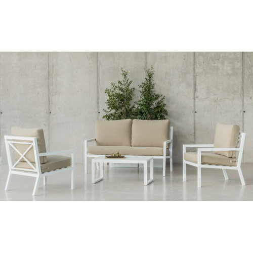 Salon de jardin Sofa DOUNVIL-7 SET SOFA 2 PLAZAS D  Blanc Tissus Beige Dralon - HEVEA