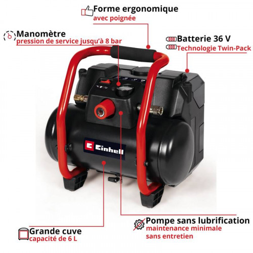 Compresseur sans fil – TE-AC 36/150 Li OF-Solo – 36 V – 8 bar – 150 L/min – Cuve 6 L – sans batterie ni chargeur - EINHELL 