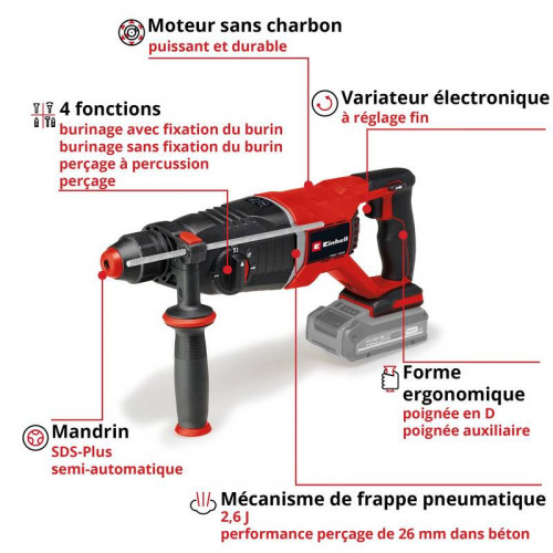 Marteau perforateur sans fil – TP-HD 18/26 D Li BL-Solo – 18 V – 2,6 J – Ø perçage béton 26 mm – Brushless – sans batterie ni ch - EINHELL 