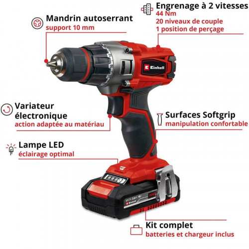 Perceuse-visseuse sans fil – TE-CD 18/2 Li – 18 V – 44 Nm – Mandrin 10 mm – 2 x 2,0 Ah – Power X-Change - EINHELL 