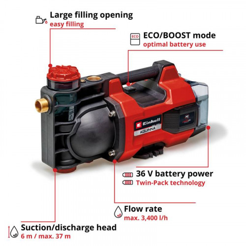 Pompe de jardin sans fil – AQUINNA 36/34 – 36 V – 3400 L/h – 3,7 bar – Power X-Change - Livré sans batterie ni chargeur - EINHELL 