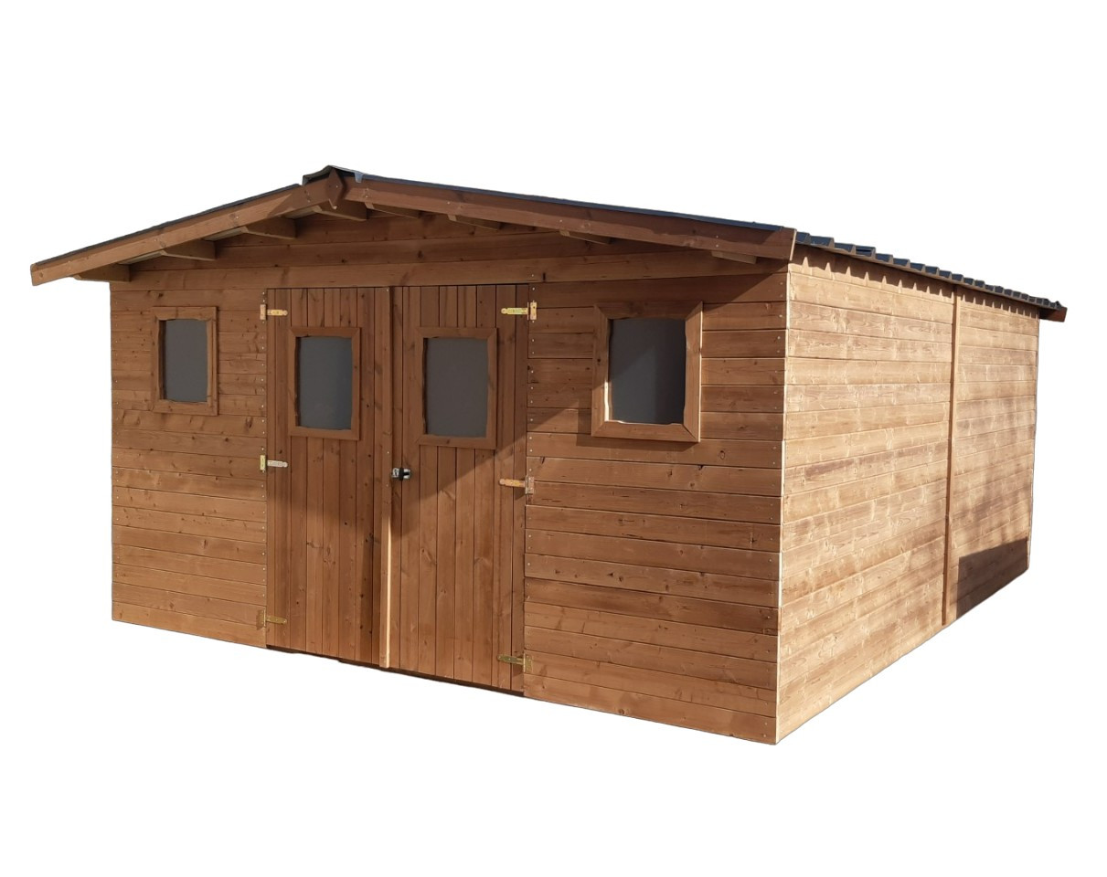 Abri THERMABRI madriers - 24,30 m² - sans plancher - toit double pente bac acier