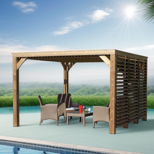 Pergola en bois massif traité - ventelles mobiles - dimensions 341 x 313 cm - visserie inox - HABRITA