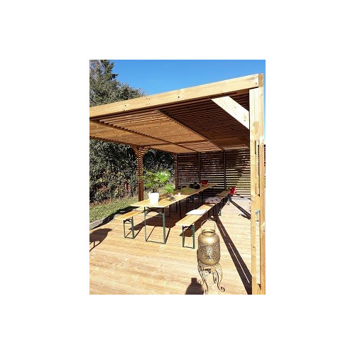 Pergola grandes dimensions en bois - toit et 1 mur en ventelles mobiles - 341 x 614 cm - HABRITA