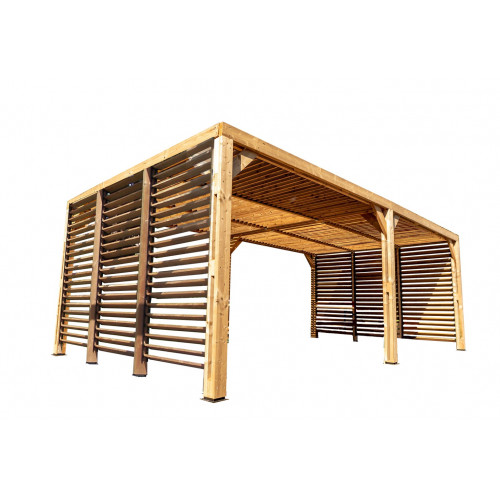 Pergola grandes dimensions en bois - toit et 2 murs en ventelles mobiles - 341 x 614 cm - HABRITA