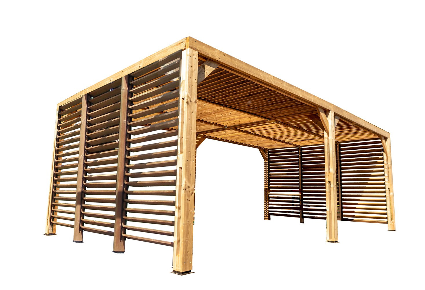 Pergola grandes dimensions en bois - toit et 2 murs en ventelles mobiles - 341 x 614 cm