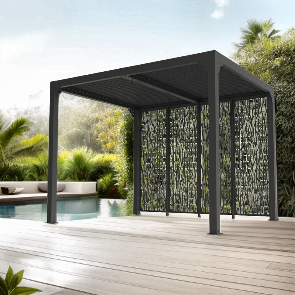 Pergola bioclimatique en aluminium + 4 panneaux - 7,20 m2 - toit en lames mobiles - gris anthracite