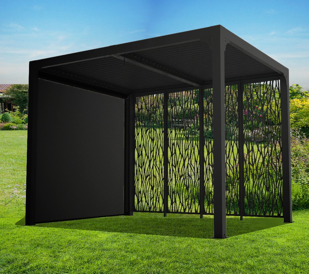 Pergola bioclimatique + rideau manuel + 4 panneaux moucharabieh - 7,20 m2 - Alu