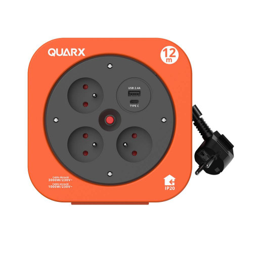 Enrouleur électrique ménager, 3P. 2P+T 16A, 1 USB-A, 1USB-C - Quarx