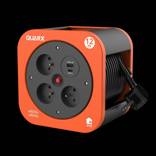 Enrouleur électrique ménager, 3P. 2P+T 16A, 1 USB-A, 1USB-C - Quarx