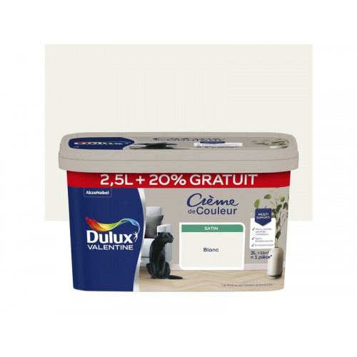 Peinture mur Crème de couleur DULUX VALENTINE blanc satiné 2.5L+20% gratuit - DULUX VALENTINE
