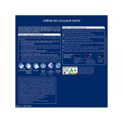 Peinture mur Crème de couleur DULUX VALENTINE blanc satiné 2.5L+20% gratuit - DULUX VALENTINE