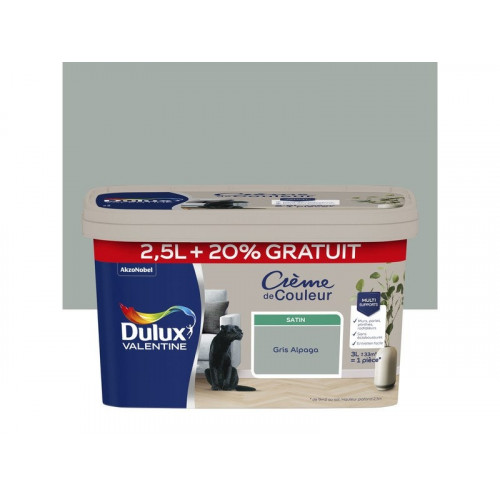 Peinture mur Crème de couleur DULUX VALENTINE gris alpaga satin 2.5L+20% gratuit - DULUX VALENTINE