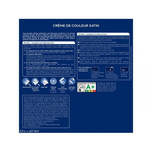 Peinture mur Crème de couleur DULUX VALENTINE gris alpaga satin 2.5L+20% gratuit - DULUX VALENTINE