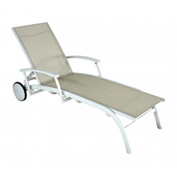 Lit - ELEGANCE - Aluminium - Toile TPEP crème/chevron - Accoudoirs escamotables - Roues - PROLOISIRS