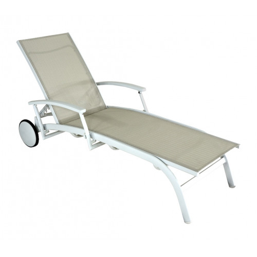 Lit - ELEGANCE - Aluminium - Toile TPEP crème/chevron - Accoudoirs escamotables - Roues - PROLOISIRS